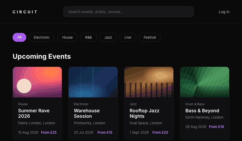 CIRCUIT discover feed showing upcoming music events with genres, venues, and ticket prices