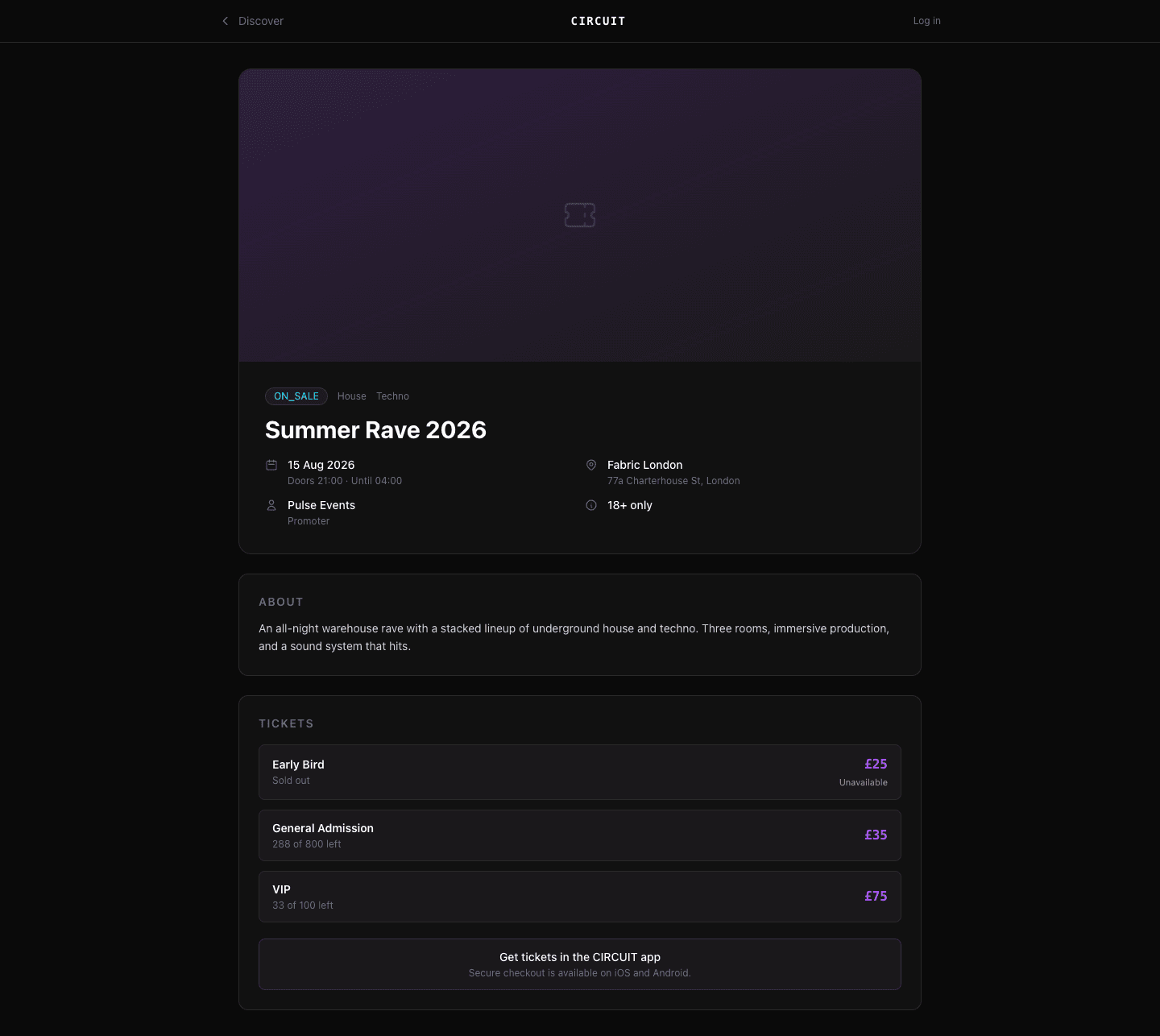 CIRCUIT event page hosted at a venue — date, location, lineup, and tickets