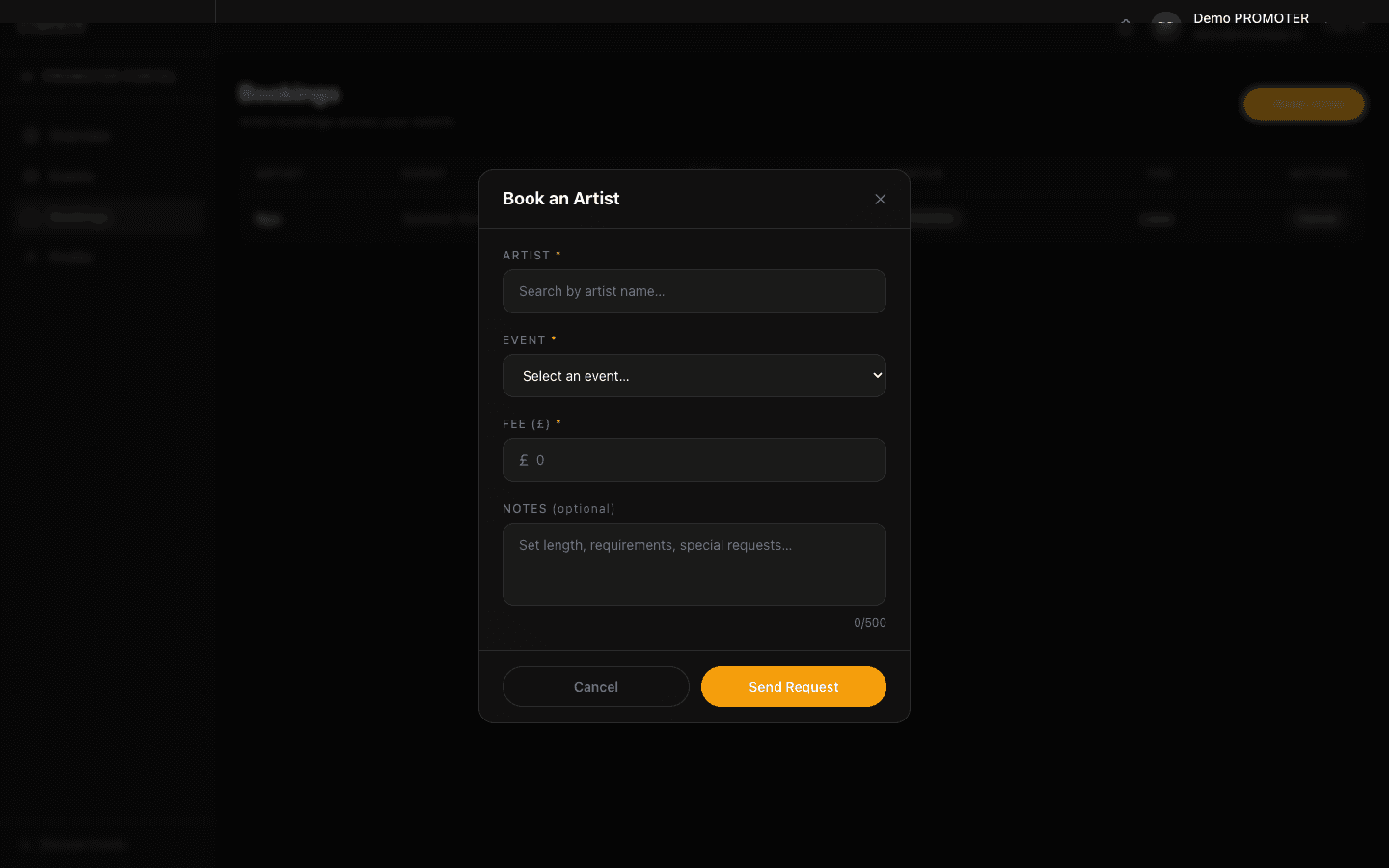 CIRCUIT book-an-artist flow — search artists, pick an event, set a fee, and send a request