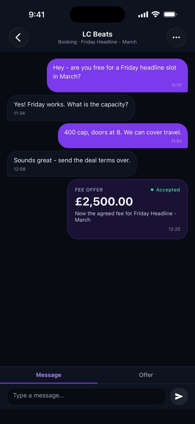 CIRCUIT booking thread between Nova Events and LC Beats, ending in an accepted £2,500 fee offer