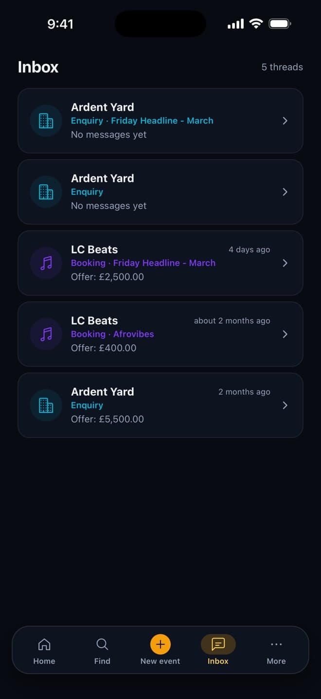CIRCUIT inbox with five threads, each showing the venue or artist, the booking and the latest offer
